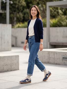 High-waisted raw denim straight-leg jeans with a tucked-in cream-colored organic cotton t-shirt and a navy blue cardigan for a clean, tonal aesthetic.
