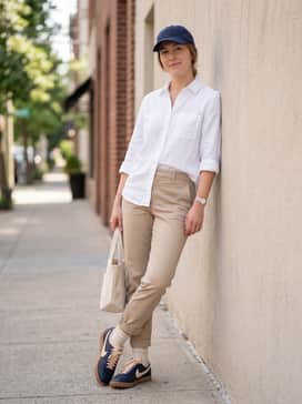 Astrograbber Leather – Tapered beige chinos and a crisp white button-down shirt accessorized with a navy baseball cap for an effortless smart-casual office look.