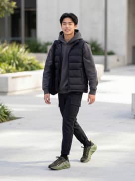 Tapered black cargo pants with multiple utility pockets paired with a charcoal oversized hoodie and a black puffer vest for a techwear-inspired urban look.