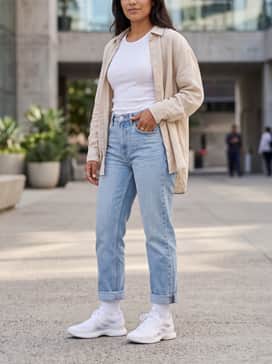 Straight-leg light-wash denim jeans cuffed at the ankle, styled with a white ribbed tank top and an unbuttoned oversized beige linen shirt for a relaxed city vibe.