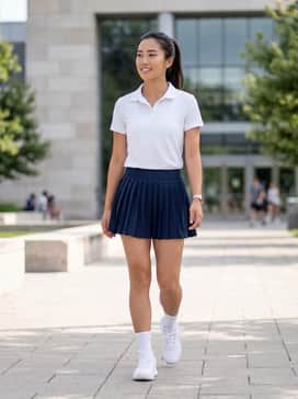 A navy blue pleated tennis skirt paired with a white moisture-wicking polo and white quarter-crew socks for a classic performance look on the court.