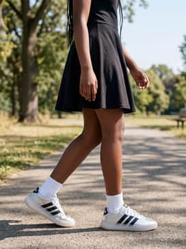 Barreda Decode Shoes – A black jersey skater dress with white athletic socks for a sporty yet fashionable feminine style.