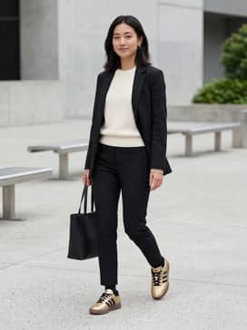 Barreda Decode Shoes – High-waisted black leather leggings paired with an oversized cream-colored chunky knit sweater and gold hoop earrings to mirror the shoe's metallic sheen.