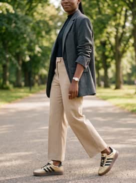 Beige wide-leg trousers and a black mock-neck bodysuit worn under a structured charcoal oversized blazer for a 'smart-meets-street' aesthetic.