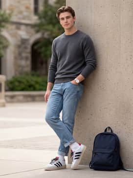 Straight-leg light wash denim and a tucked-in charcoal grey crewneck sweater for a clean, minimalist weekend brunch ensemble.