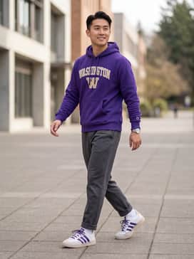 Barreda Decode Washington Huskies – A purple University of Washington graphic hoodie paired with charcoal grey joggers for a relaxed, coordinated game-day look.