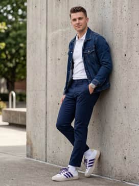 Barreda Decode Washington Huskies – Navy blue chinos, a white polo shirt, and a classic denim jacket for a clean and approachable smart-casual ensemble.