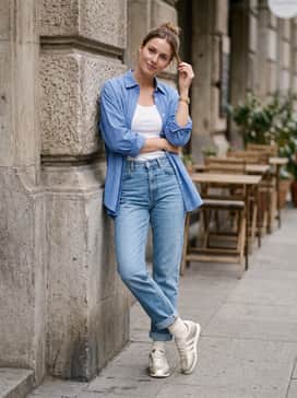 Style with straight-leg light-wash denim, a classic white tank top, and an unbuttoned blue pinstripe oversized shirt for a relaxed weekend vibe.