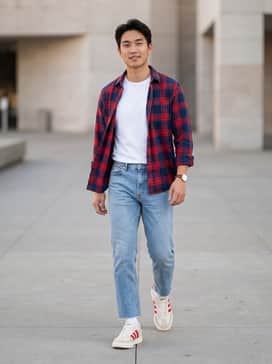 Barreda Shoes – Light-wash straight-leg denim jeans with a raw hem, paired with a tucked-in white t-shirt and an unbuttoned red flannel shirt for a classic Americana look.