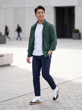 Barreda Shoes – Tapered navy chinos paired with a crisp white crew-neck tee and an unbuttoned forest green flannel shirt to echo the shoe's accent color.