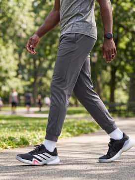 Barricade 14 Clay Tennis Shoes – Navy blue 7-inch inseam athletic shorts paired with a breathable grey heathered tank top and a matching black baseball cap for a relaxed summer workout vibe.