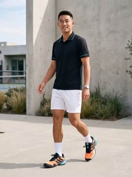 Barricade 14 Tennis Shoes – A professional tennis look featuring white athletic shorts, a black moisture-wicking polo with teal piping, and high-performance white crew socks.
