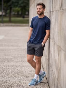 Beyond Ff – A trendy athleisure outfit consisting of black tech-fleece shorts, a heather grey oversized hoodie, and mid-calf white athletic socks to emphasize the sneaker's silhouette.