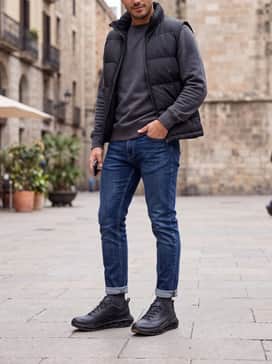Biom 720 Goretex – Dark wash slim-fit denim jeans with a heather grey crewneck sweatshirt and a matte black puffer vest for a versatile, casual weekend outfit in the city.