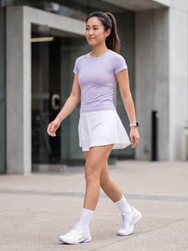 A monochromatic white tennis skirt paired with a lavender fitted performance top and white crew socks to highlight the shoe's purple accents.