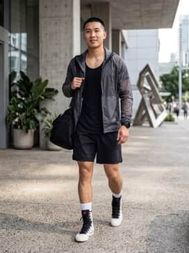 Box Hog 4 Shoes – A performance-focused look featuring black high-waisted boxing shorts, a moisture-wicking compression tank top, and white crew socks pulled slightly above the shoe collar to emphasize the high-top silhouette.