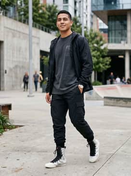 Box Hog 4 Shoes – An urban streetwear ensemble with black tapered cargo pants tucked into the boots, an oversized charcoal graphic t-shirt, and a lightweight tech-fabric windbreaker for a functional, edgy aesthetic.