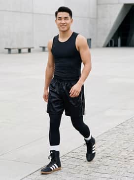 Box Hog Wide Shoes – A professional training look featuring black satin boxing shorts with white side-panel trim, a moisture-wicking black compression tank top, and white crew-length athletic socks that peek slightly above the shoe collar.
