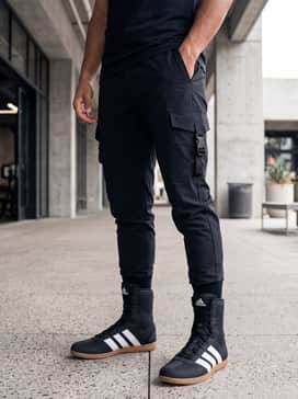 Box Hog Wide Shoes – A futuristic techwear outfit consisting of tapered black tactical cargo pants with buckle details tucked into the boot tops, paired with a multi-pocket utility vest over a charcoal grey long-sleeve performance tee.