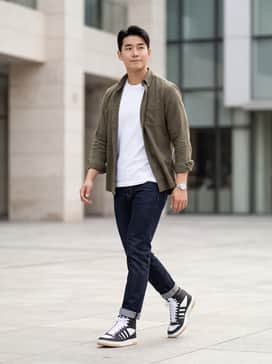 Break Start Mid Shoes – Dark-wash slim-fit jeans rolled at the hem to show off the mid-top silhouette, paired with a crisp white crewneck t-shirt and an unbuttoned olive flannel shirt.