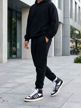 Break Start Mid Shoes – Black tapered joggers and a matching oversized hoodie for a coordinated athleisure look that emphasizes the sneaker's sporty heritage.