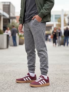 Breakbase Shoes Junior – A coordinated sporty look with charcoal grey tapered joggers, a matching burgundy crewneck sweatshirt, and an olive green lightweight bomber jacket.