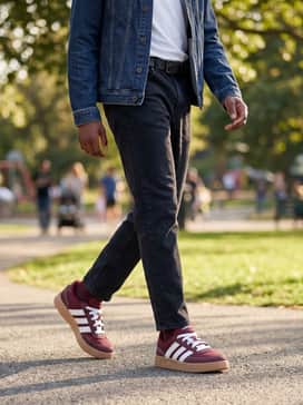 A smart-casual weekend vibe pairing dark-wash denim with a white polo shirt and a classic denim jacket to lean into the retro aesthetic of the gum sole.