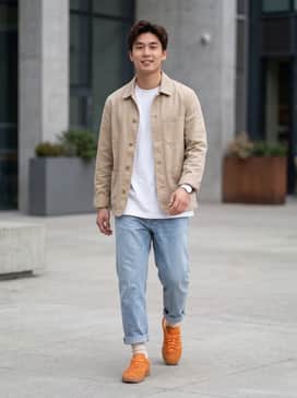 A pair of tapered light-wash denim jeans rolled at the cuff, paired with a clean white oversized tee and a beige chore jacket for a balanced, modern look.