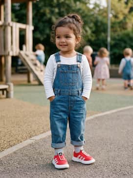 Bubblecomfy Shoes – Classic denim dungarees paired with a simple white long-sleeve bodysuit for a timeless and durable outfit.