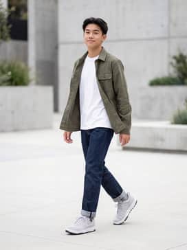 Straight-leg raw indigo denim jeans cuffed at the ankle, paired with a heavyweight white cotton t-shirt and an olive green utility overshirt.