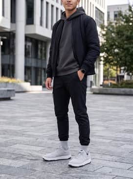 Black slim-fit technical joggers combined with a charcoal grey oversized hoodie and a black nylon bomber jacket for a modern techwear look.