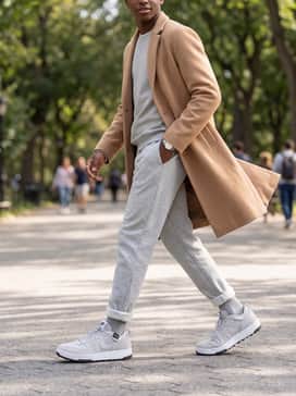 Light grey fleece sweatpants with a matching grey crewneck sweatshirt and a long camel wool overcoat for a high-low monochromatic aesthetic.