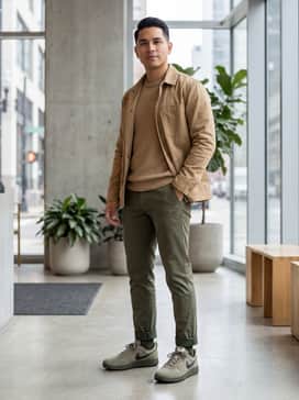 Slim-fit olive green chinos with a tucked-in cream-colored waffle knit sweater and a tan field jacket for a refined outdoor-inspired weekend look.
