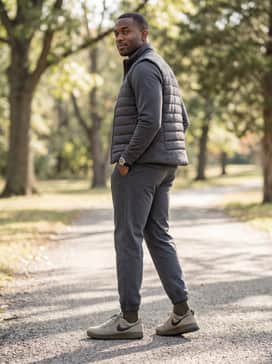 C1ty Surplus – Graphite-colored performance joggers with a matching quarter-zip pullover and a lightweight down vest for a functional, athletic commute.