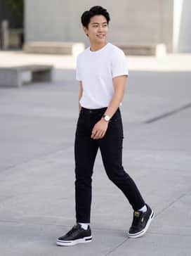 Ca Pro Classic Ii – High-waisted black slim-fit jeans paired with a tucked-in crisp white t-shirt and a gold-toned watch to echo the shoe's branding.