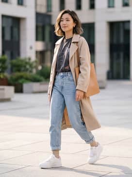 High-waisted light wash mom jeans, a tucked-in oversized graphic tee, and a beige trench coat for a balanced urban look.
