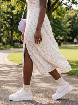 A white floral midi dress with a side slit, accessorized with a small lavender crossbody bag to lean into the shoe's soft color palette.