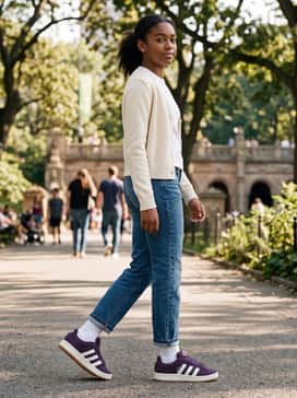 Tan corduroy trousers with a tucked-in vintage graphic t-shirt and a matching purple beanie.