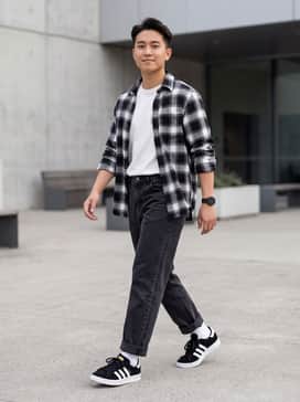 Pair with relaxed-fit straight-leg jeans, a tucked-in graphic t-shirt, and an open plaid flannel shirt for a classic 90s-inspired skate look.