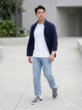 Campus Adv Shoes – Light-wash straight-leg jeans paired with a crisp white organic cotton t-shirt and an unbuttoned navy flannel shirt for a classic weekend look.