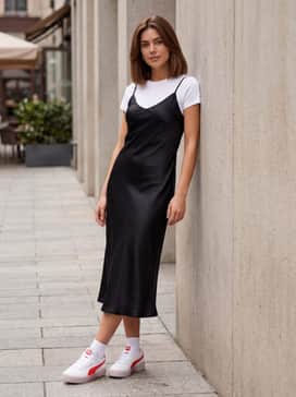 A black satin midi slip dress layered over a white baby tee for a 90s-inspired street style look that balances feminine and sporty elements.