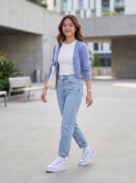 High-waisted light-wash mom jeans paired with a tucked-in white ribbed baby tee and a matching periwinkle cropped cardigan.