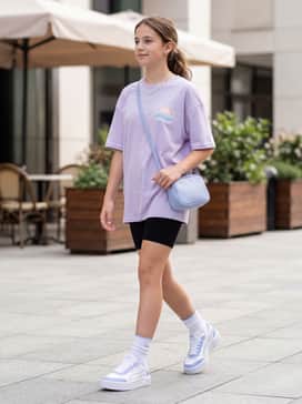 Black high-waisted bike shorts layered with an oversized graphic t-shirt and a small pastel-toned crossbody bag.
