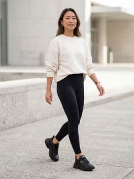 Cassia 20 Womens Sneakers – High-waisted black leggings paired with an oversized cream-colored sweatshirt and gold hoop earrings to match the shoe's branding.