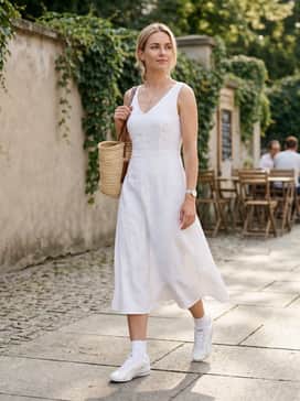 Summer Chic: A breezy white linen midi dress with a subtle gold necklace and a straw tote bag for an airy, feminine aesthetic.