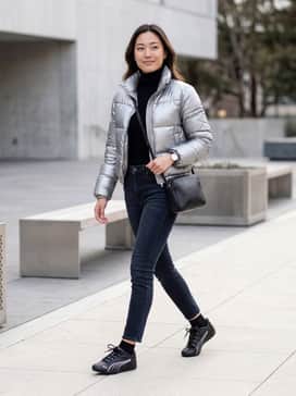 Dark-wash skinny jeans, a black turtleneck, and a cropped silver metallic puffer jacket to play off the shoe's accents.