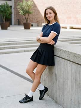 A black pleated tennis skirt paired with white crew socks and a vintage-inspired ringer tee for a retro athletic vibe.