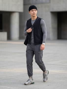 A monochromatic techwear look featuring charcoal grey tapered cargo pants, a black utility vest over a long-sleeved compression shirt, and a sleek grey beanie.