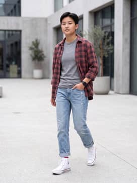 Light-wash distressed straight-leg jeans cuffed at the ankle, paired with a vintage graphic t-shirt and an oversized flannel shirt left unbuttoned.