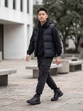 City – A monochromatic street look featuring black slim-fit cargo pants tucked slightly into the boots, paired with a heavy-duty oversized black hoodie and a structured matte puffer vest.